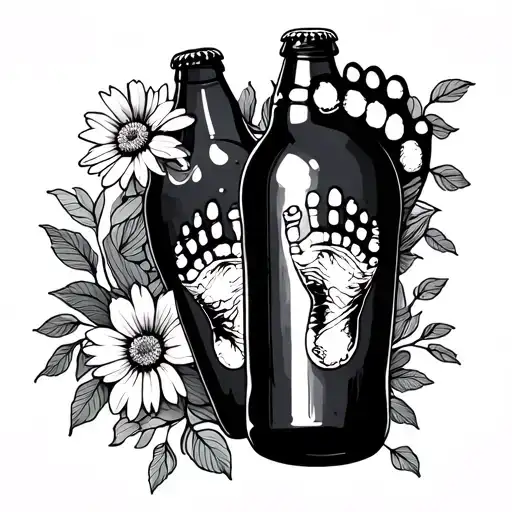 Beer Bottle With Flower Line Drawing Human Footprints