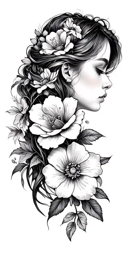 Sleeve Tattoo Flowers And Face Of A Girl Side Profile