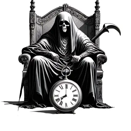 Reaper On Throne Holding Clock With Sythe