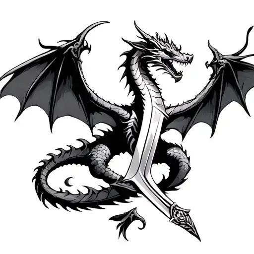 Dragon And Sword Wrapped With Open Wings