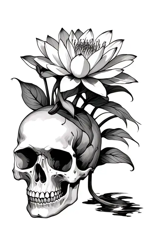 Skull With Water Lily Growing Out The Top Of The Skull
