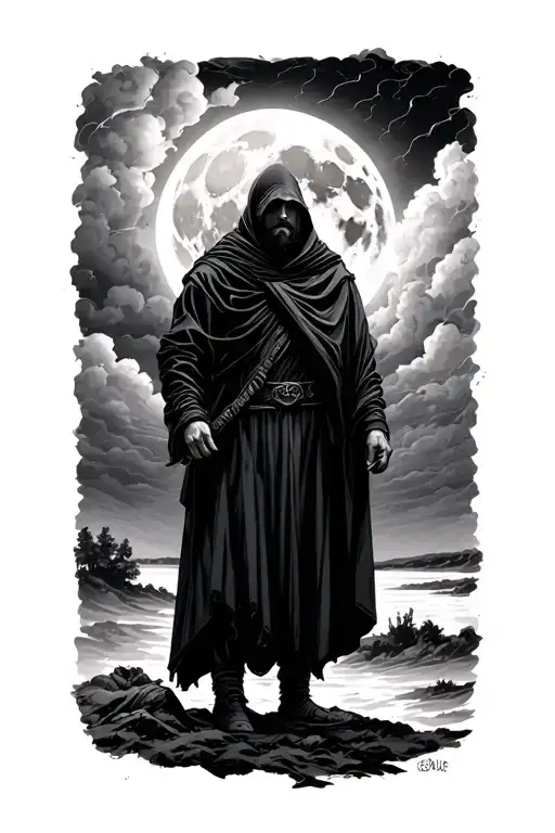 Man In A Black Rob Under The Stormy Sky And Full Moon