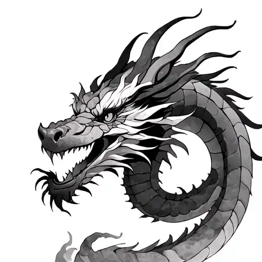 The Japanese Dragon Is Long With A Woolen Mane Looks To The Left Around The Watercolor Smelter
