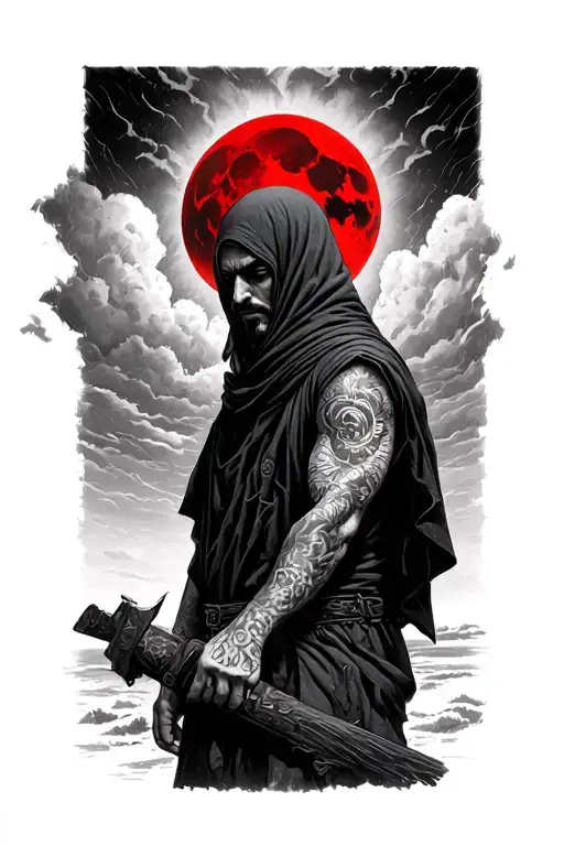 Man In A Black Rob In The Background Under The Stormy Sky And Red Moon