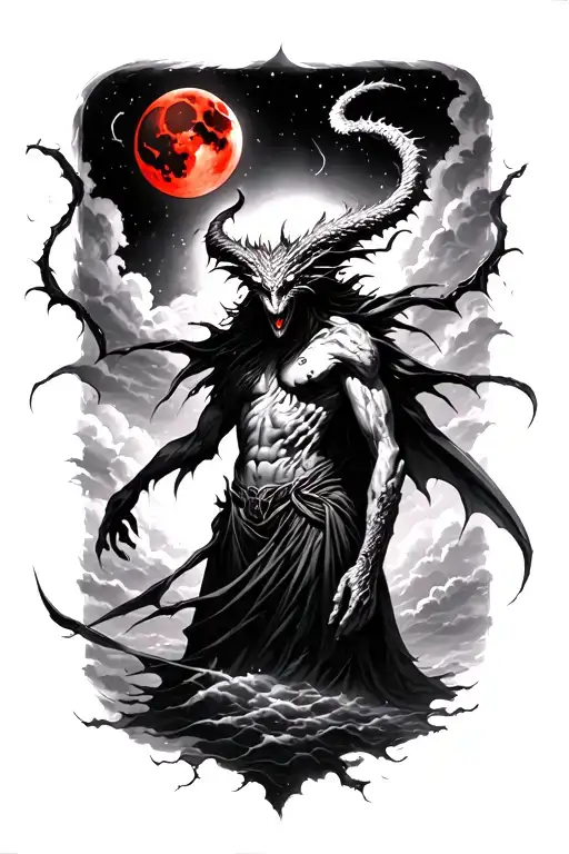 A Demon Under The Stormy Sky And Red Moon