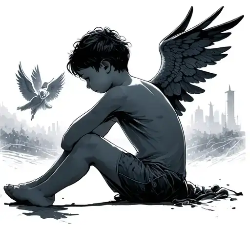 A Child Sitting On The Avenue Turning His Back Looking At The Sky And In The Sky A Glowing Angel