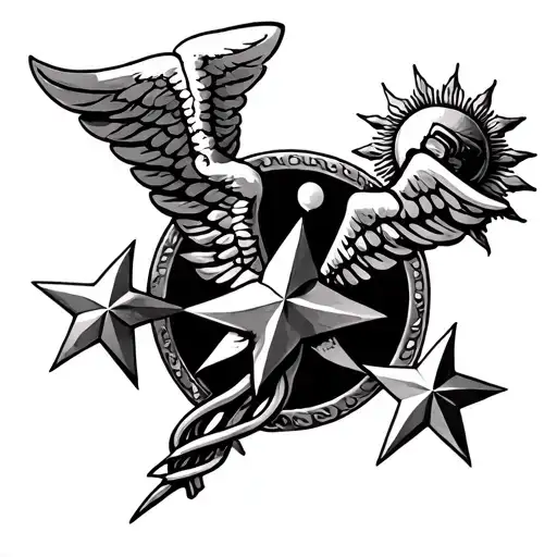 Caduceus With 3 Stars And A Sun