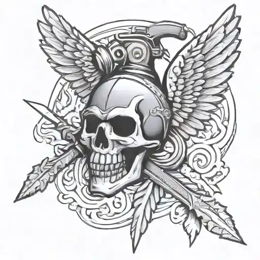 Grenade With Death Face With Sword And Wings