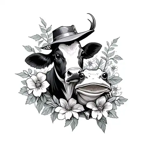Cow And Frog With Co Hat Flowers Surrounding