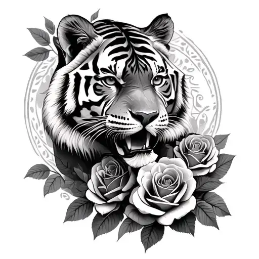 Tiger And Cubs Intertwined With Roses