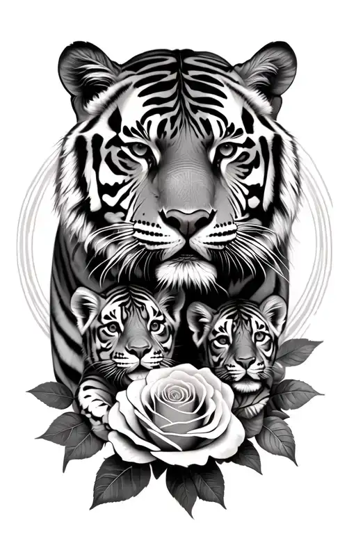 Tiger And 2 Cubs Intertwined With Roses