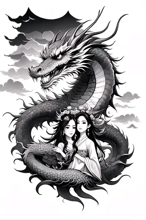 Japanese Dragon With Girl And Temple