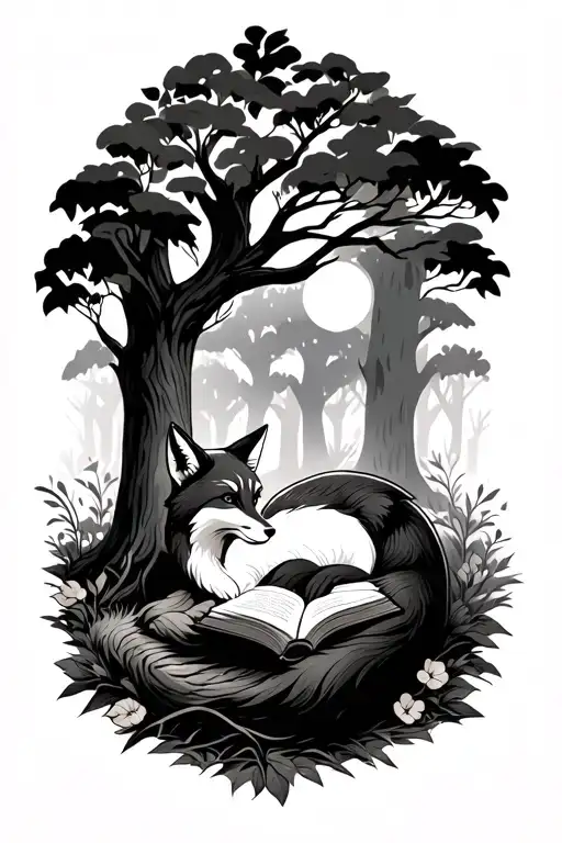 A Beautiful Tattoo Of A Fox Curled Up Reading A Book Under A Tree In A Forest Setting