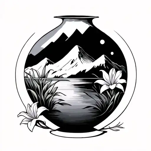 Vase With Mountains Inside And Lily Flowers Growing