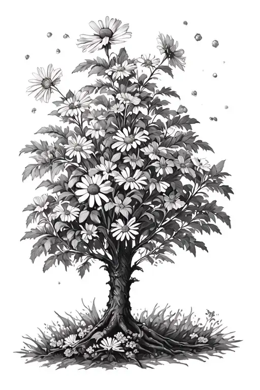 Alder Tree With Daisy & Carnation Flowers Growing