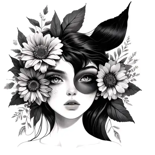 Woman With Two Faces And Flowers Cover Her Eyes