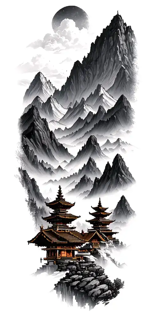 Mountains And Nepali Temple