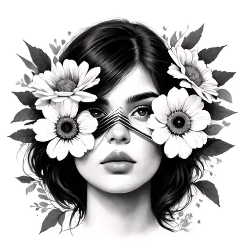 Woman With Two Faces And Flowers Cover Her Eyes