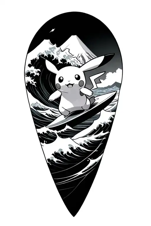 Pikachu Doing Surf On The Japanesne Iconic Wave With Mont Fuji In The Back Ground