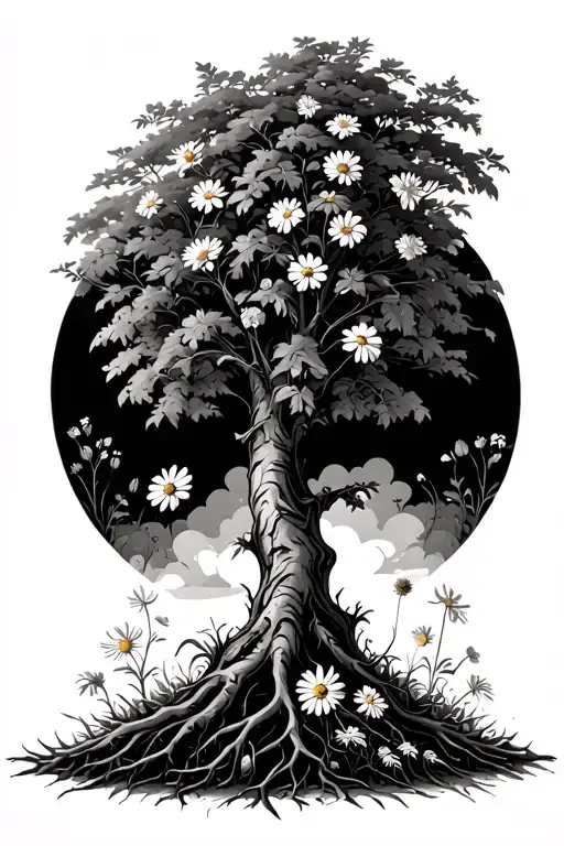 Alder Tree With Daisy & Carnation Flowers Growing Roots
