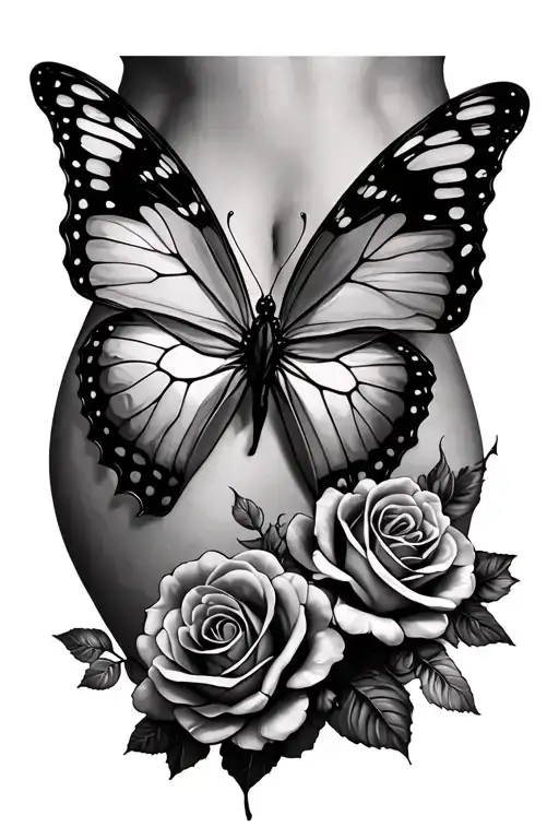 Butterfly On Hip With Roses