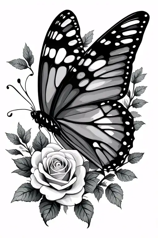 Large Butterfly With Roses And Rose Stems