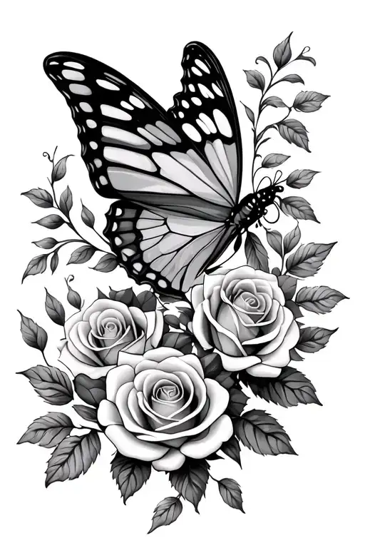 Large Butterfly With Roses And Rose Stems