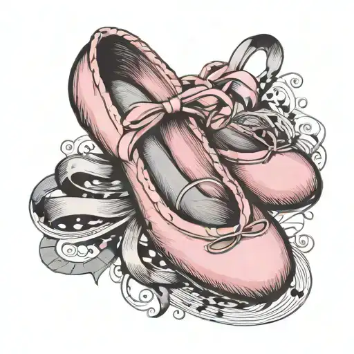 Pink Ballet Shoes Floating With Rippons Making Big Bow Surrounded By Music Nots