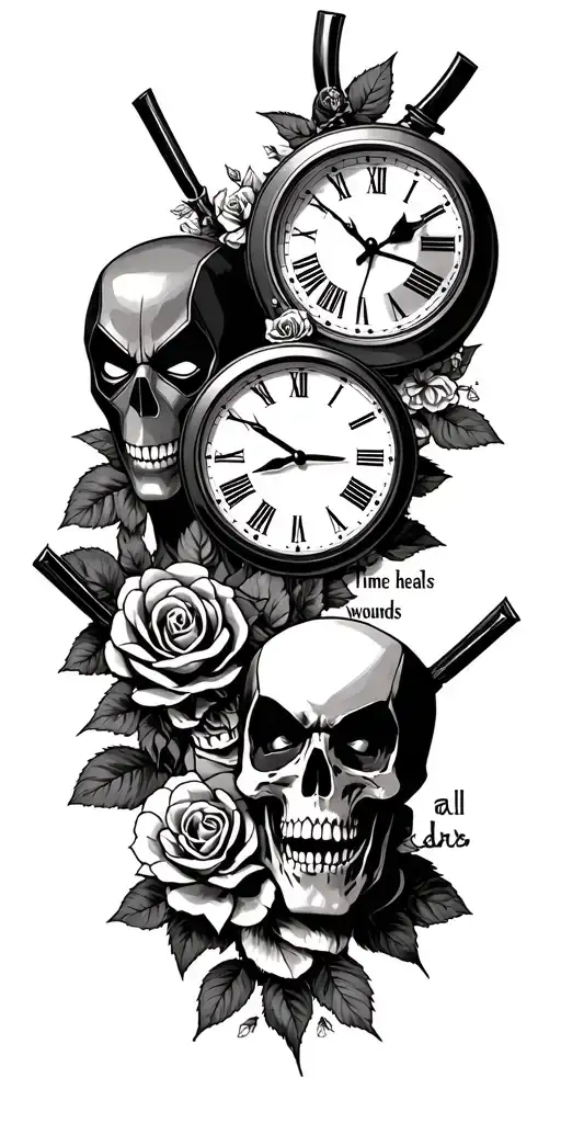 Deadpool And Wolverine With Skulls And Roses And A Clock Saying Time Heals All Wounds