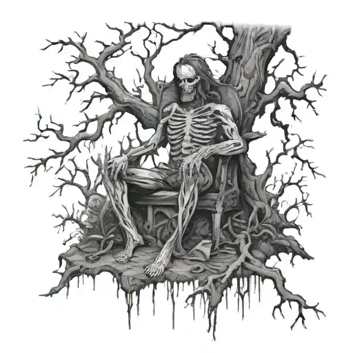 Decying Corpse Sitting On A Throne Under A Dead Tree