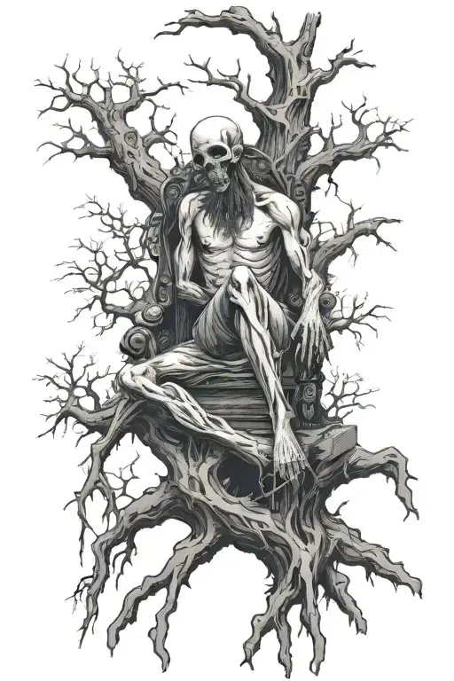Decying Corpse Sitting On A Throne Under A Huge Dead Tree