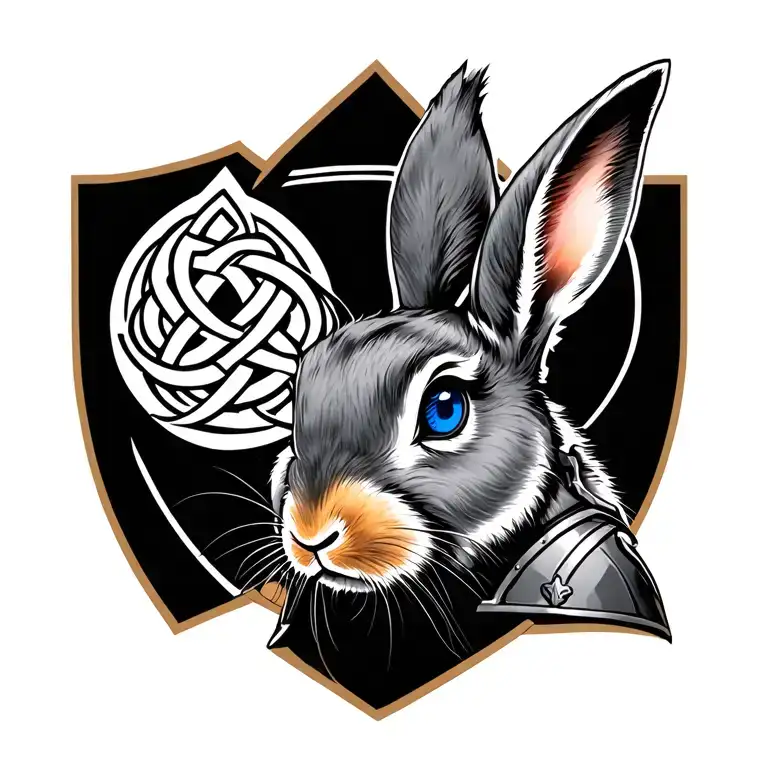 Rabbit With Blue Eyes On Armor Tattoo Design Featuring Celtic Trinity Knot