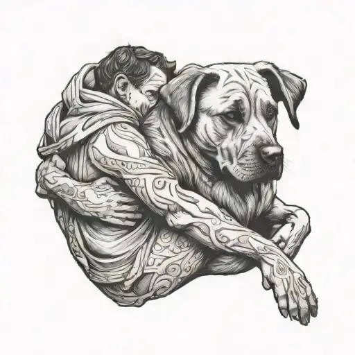 Dog And Man Hugging Each Other Under A Shelter