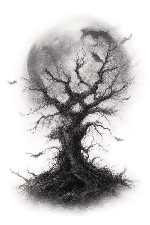 Poison Tree And Moon With Bats Flying