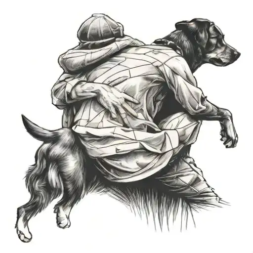 Dog And Man Hugging Under A Shelter From Back View