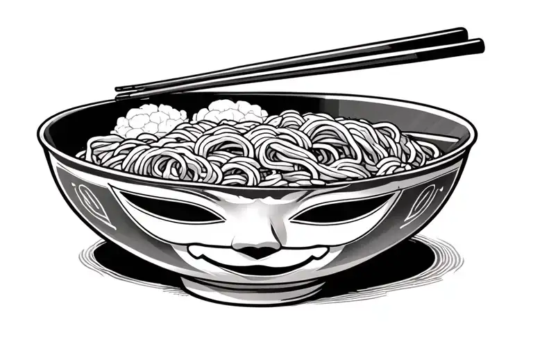 Bowl Of Ramen With Japanese Mask Behind It
