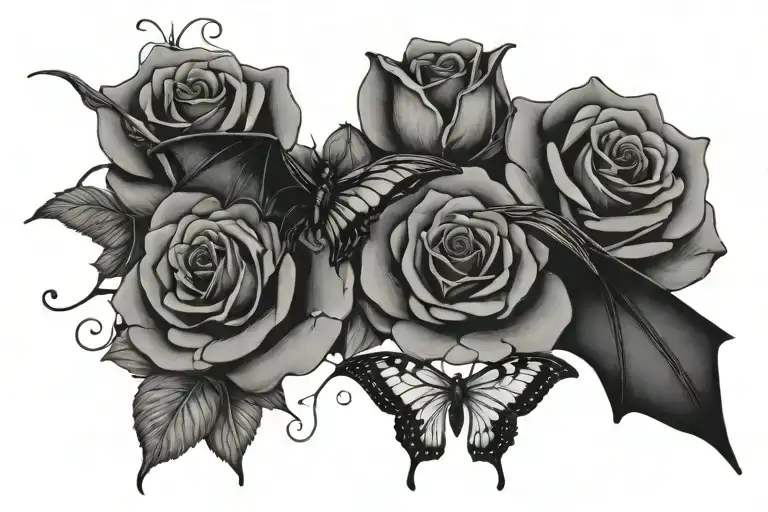 Bats Flying And Butterflies Surrounding Roses