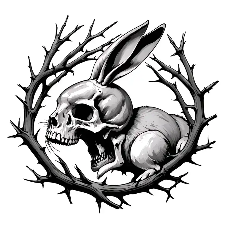Skull And Evil Rabbit Surrounded By Thorn Branches