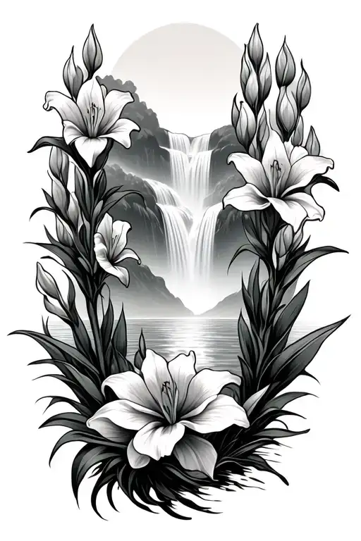 Gladiolus Flower And Waterfall Surrounded