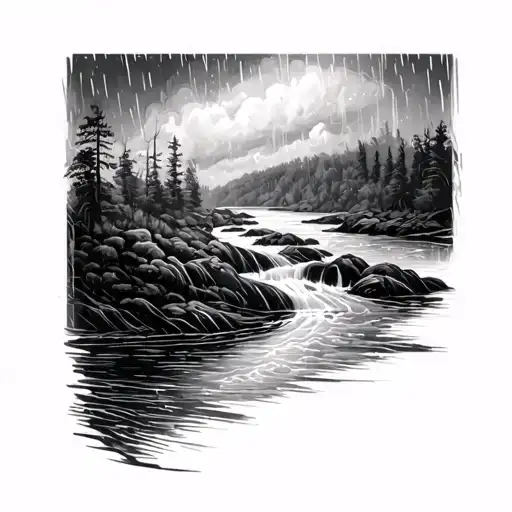 River With A Storm And Rain On The Back