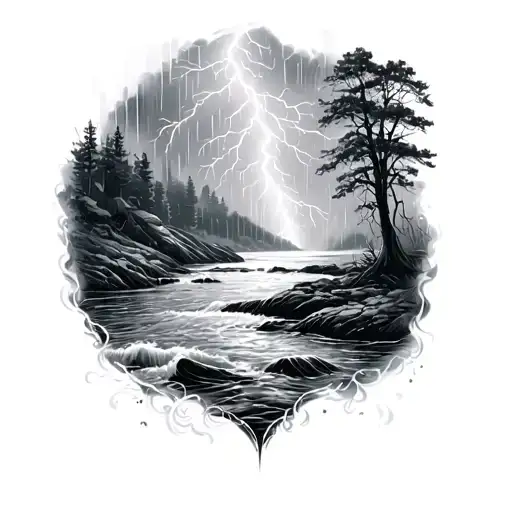 A River With Rain And A Lightening Storm On The Back