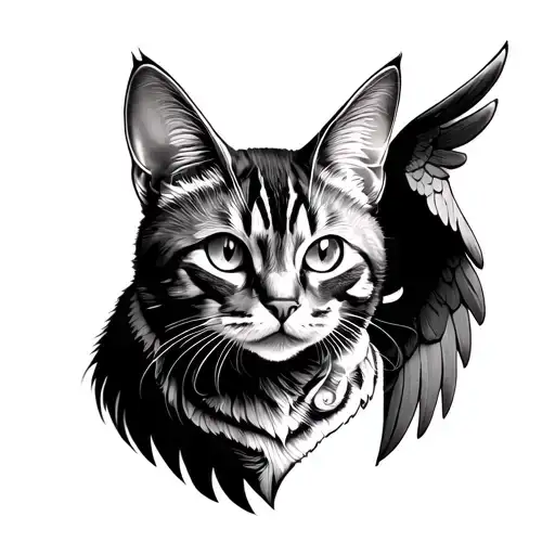Cat With Angel Wings Made Entirely Of Intricate Blackwork