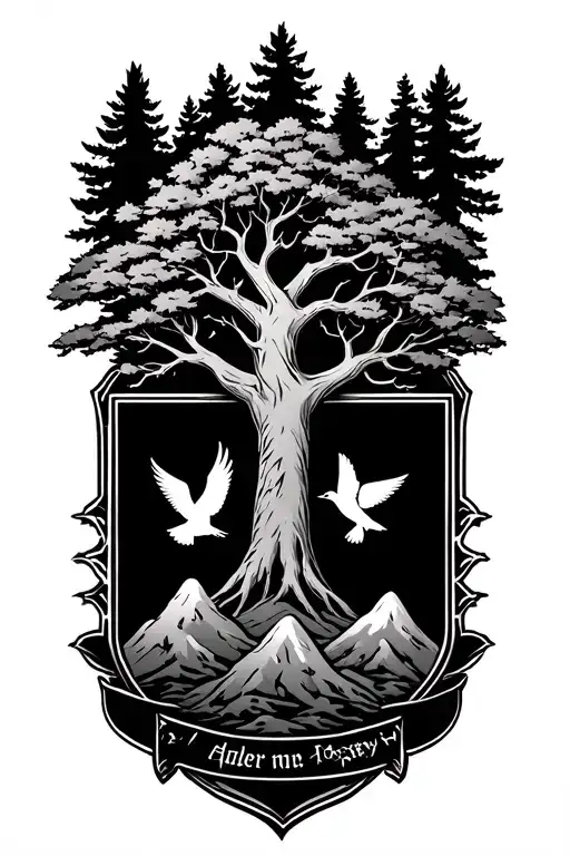 A Large Gothic Tree With A Family Crest And Motto At The Bottom With Filler Of Mountains And Birds