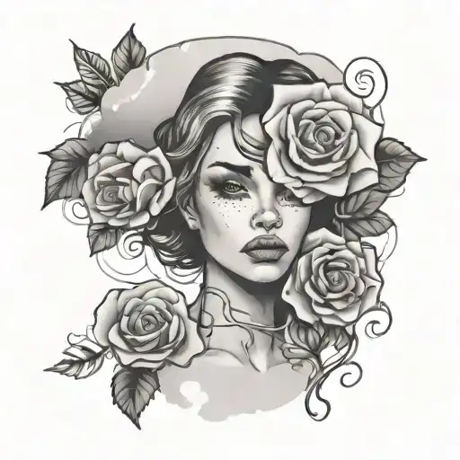 Girl Face With Roses Clouds Trees