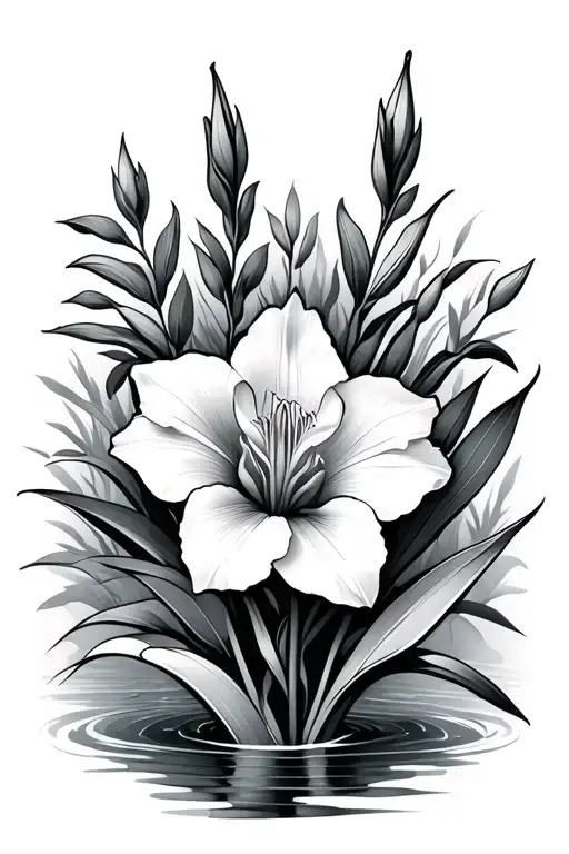 Gladiolus Flower Surrounded By Garden And Water