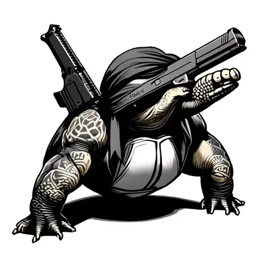 Tortoise Standing On Back Two Legs Holding A Mac-10 Firearm Wearing A Durag With Tie In The Front