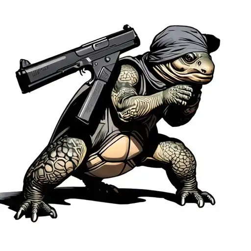 Tortoise Standing On Back Two Legs Holding A Mac-10 Firearm Wearing A Durag With Tie In The Front