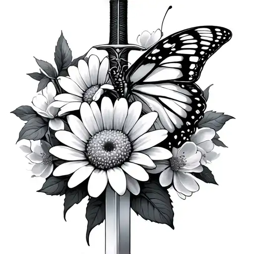Daisy And Cherry Blossom With Butterfly And Sword Black And White