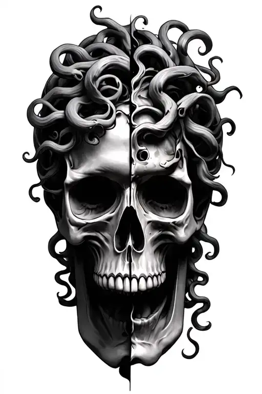 Beautiful Medusa Head With Face Split In Half And A Skull Showing In The Split