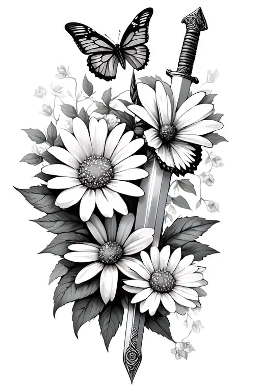 Single Daisy And Cherry Blossom With Butterfly And Sword Black And White